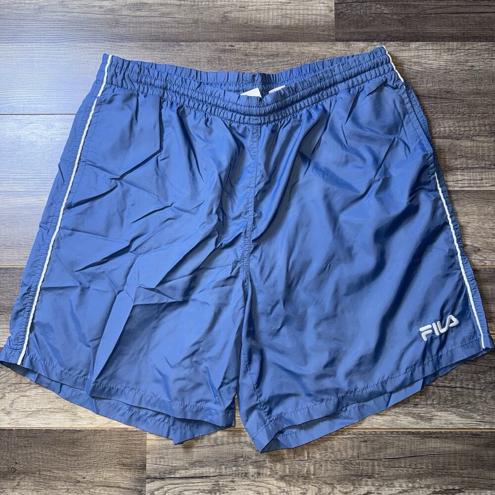 Y2K FILA Swim Trunks Mens Large Blue Nylon Shorts Mesh Lined Vintage 90s